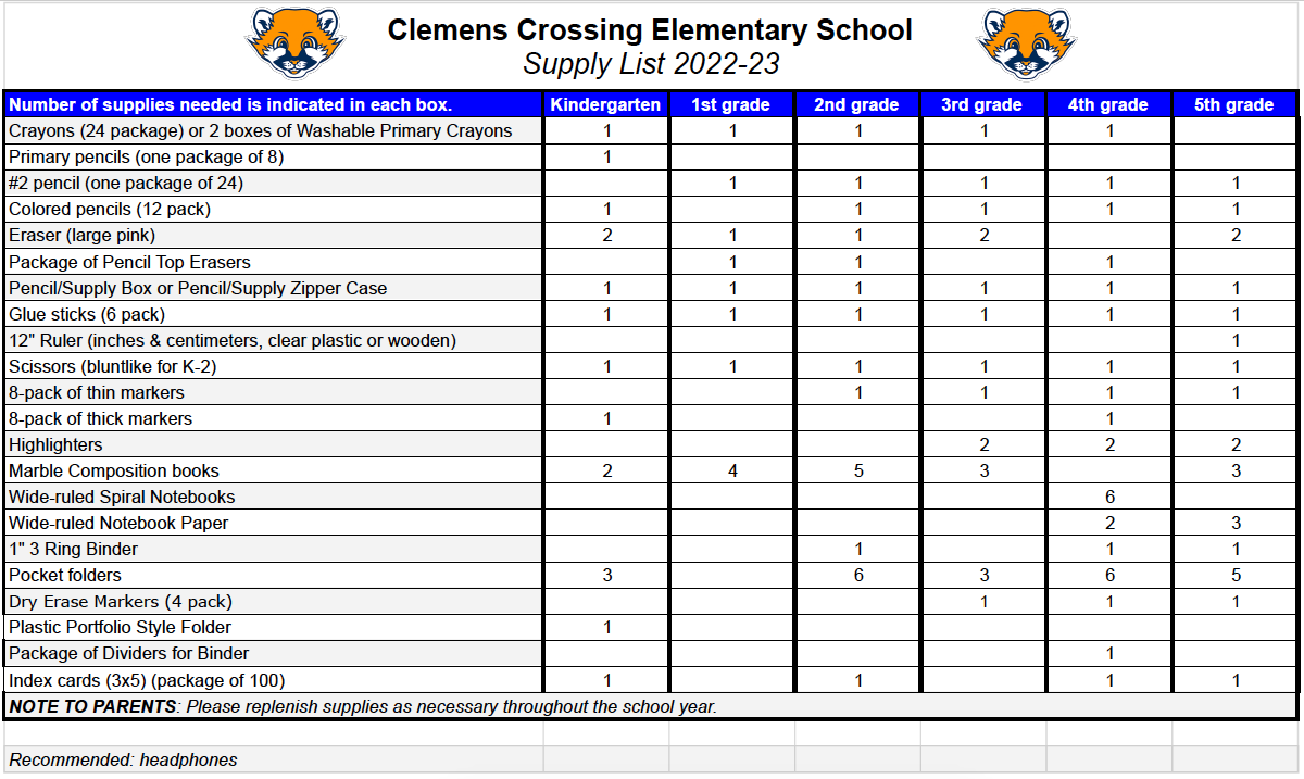 West Chatham Elementary School PTA - 2021-2022 School Supply list